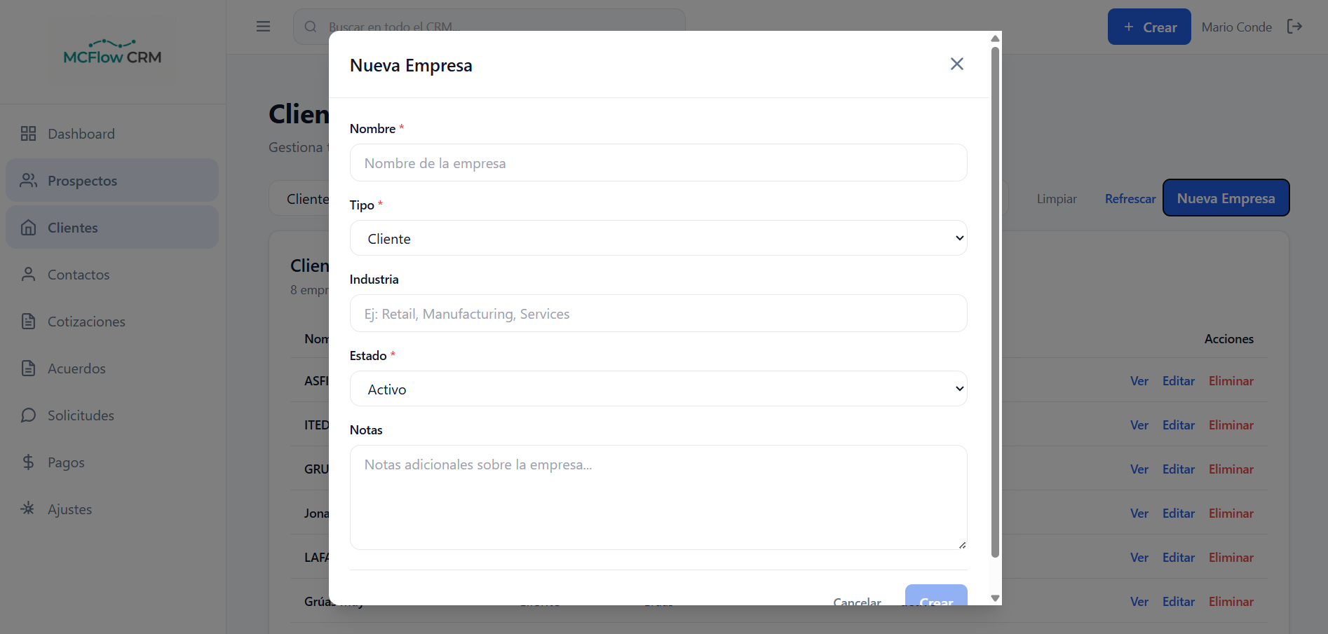 Gestión de empresas y clientes en McFlow CRM