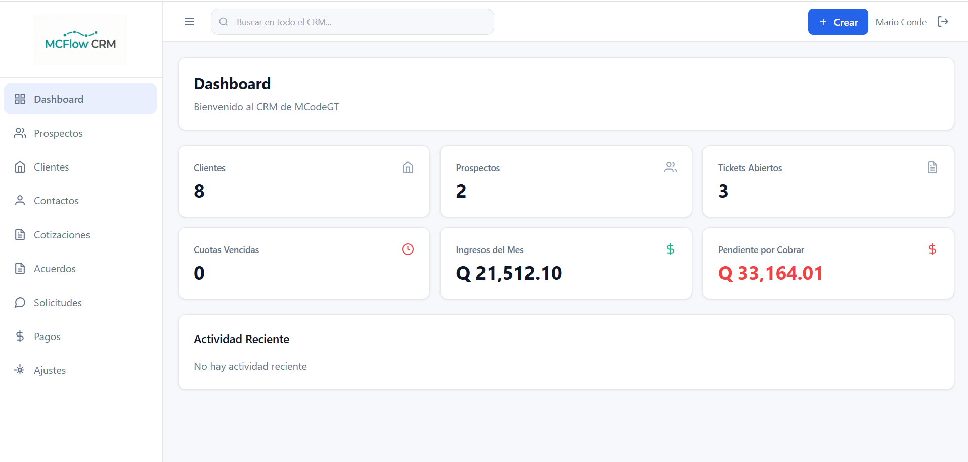 Dashboard de McFlow CRM