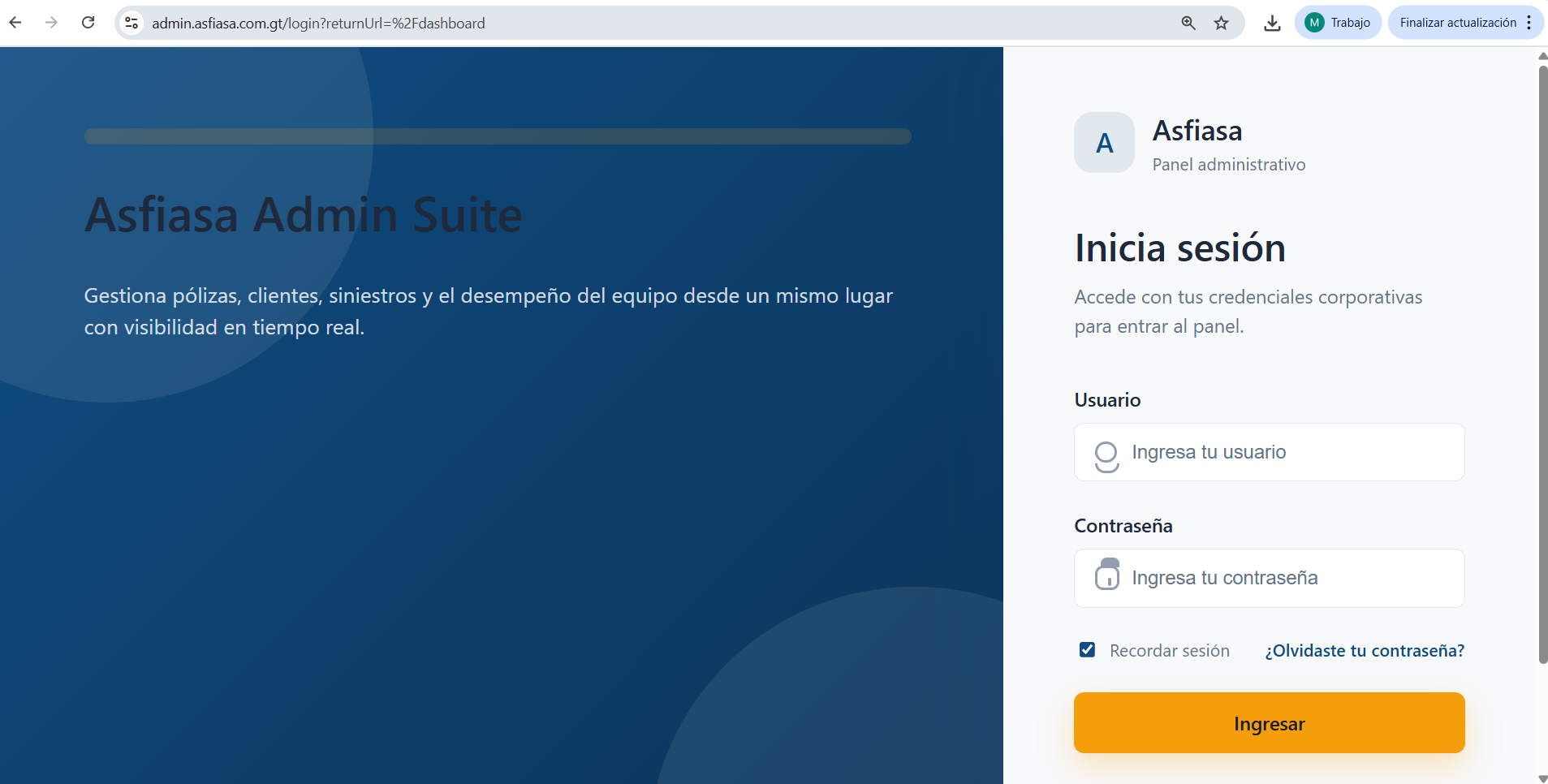 Captura de pantalla del proyecto ASFIASA ERP - Cloud Solutions desarrollado por MCodeGT