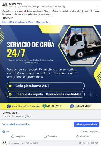Publicación Grúas Muy — diseño y redes por MCodeGT